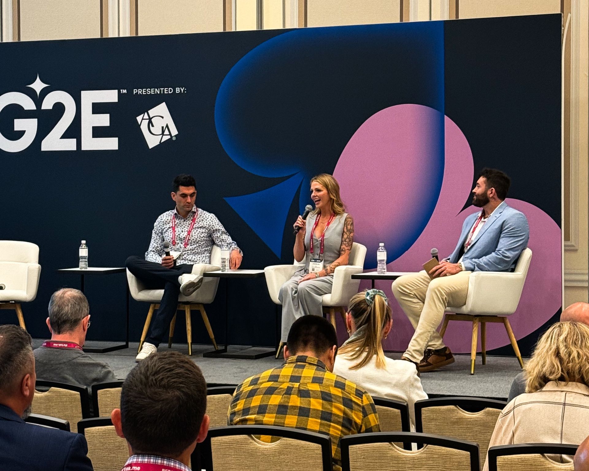 Zoe Ebling, VP of Interactive at AGS, talking on a panel